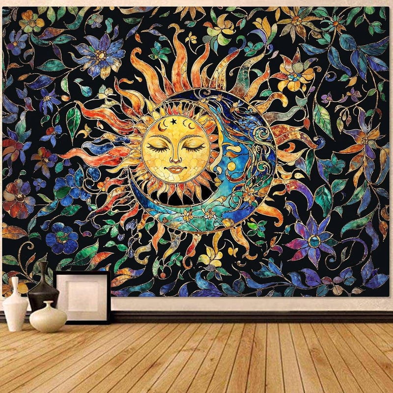 Aipon Sun and Moon Tapestry for Bedroom Boho Hippie Floral Wall Tapestry Aesthetic Vintage Stained Glass Plant Small Tapestries Wall Hanging for Living Room Dorm 60 x 44 Inch - Image 1